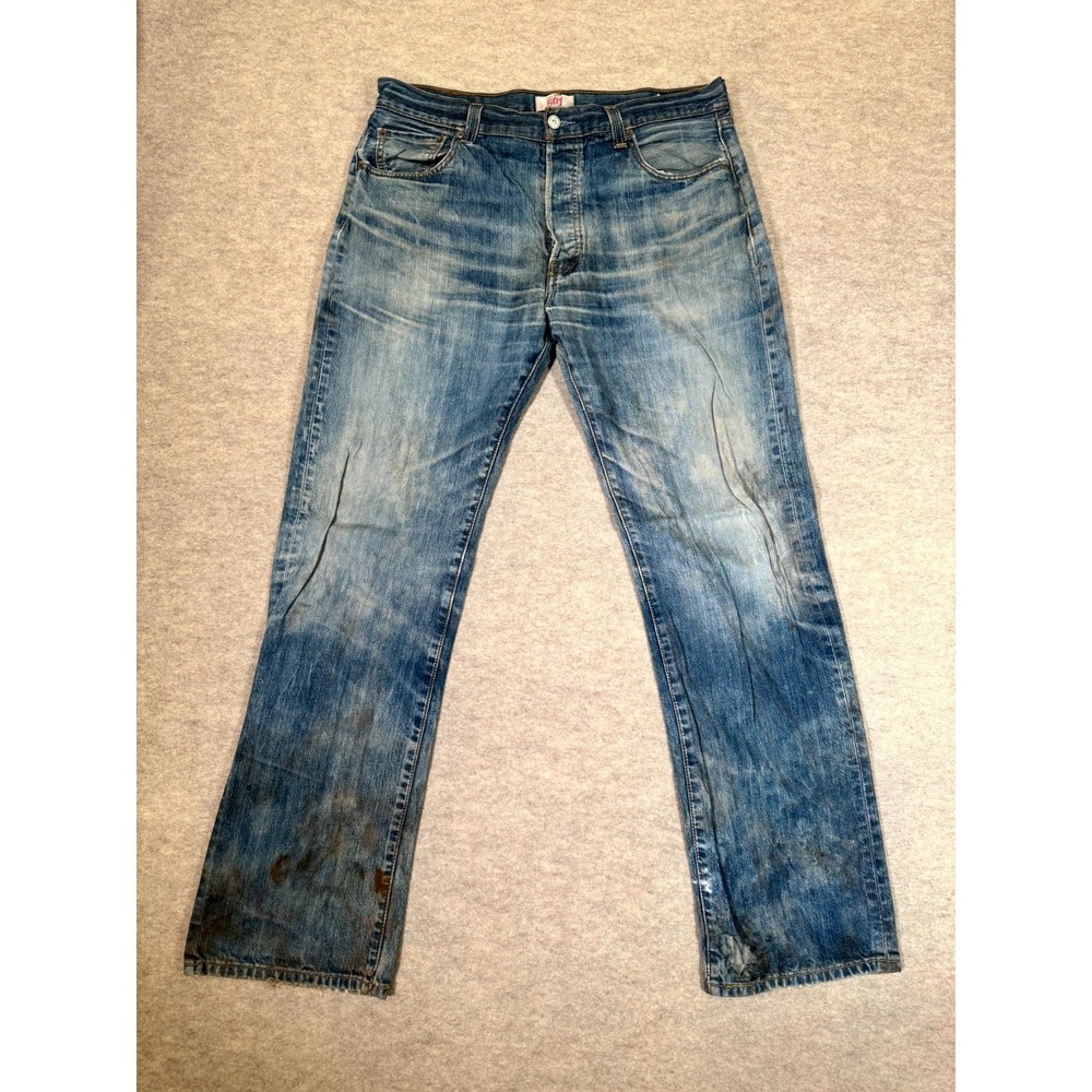 Levis 501 Original Fit Jeans Mens 36x34 Blue Denim Cotton Straight Leg Acid Wash